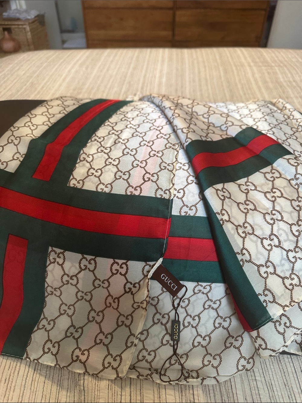 Gucci Cream Silk Scarf with Red and Green Web Stripe